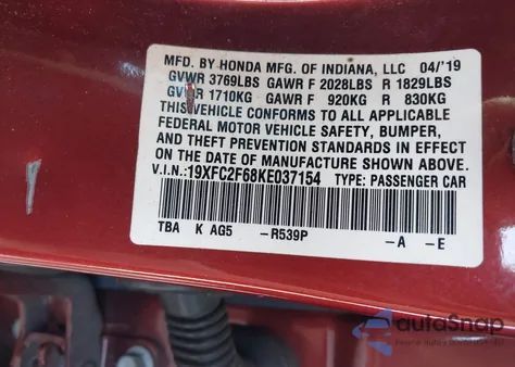 2019 Honda Civic Lx from USA, damaged, VIN 19XFC2F68KE037154